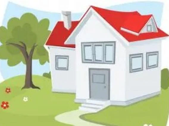 Cartoon-style illustration of a white house with a red roof, surrounded by green grass, trees, and flowers.