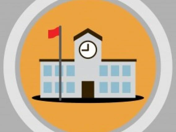 Cartoon-style illustration of a school building with a clock tower and red flag on an orange background.