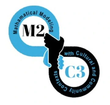 Logo for M2C3 showing two interlocking circles with hands joining in the center, representing Mathematical Modeling with Cultural and Community Contexts.
